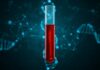 Tube à essai contenant du sang avec ADN et neurones en arrière-plan
