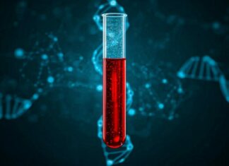 Un test sanguin pour détecter Alzheimer des années avant les premiers symptômes Tube à essai contenant du sang avec ADN et neurones en arrière-plan