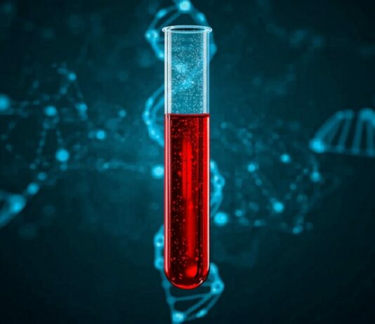 Un test sanguin pour détecter Alzheimer des années avant les premiers symptômes Tube à essai contenant du sang avec ADN et neurones en arrière-plan
