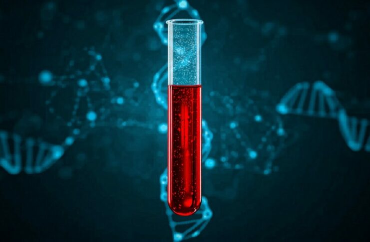 Un test sanguin pour détecter Alzheimer des années avant les premiers symptômes Tube à essai contenant du sang avec ADN et neurones en arrière-plan