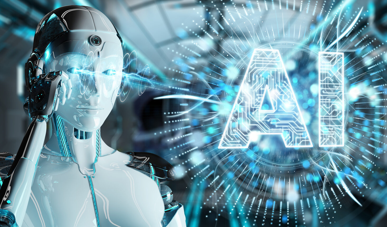 White humanoid woman using digital artificial intelligence icon hologram 3D rendering