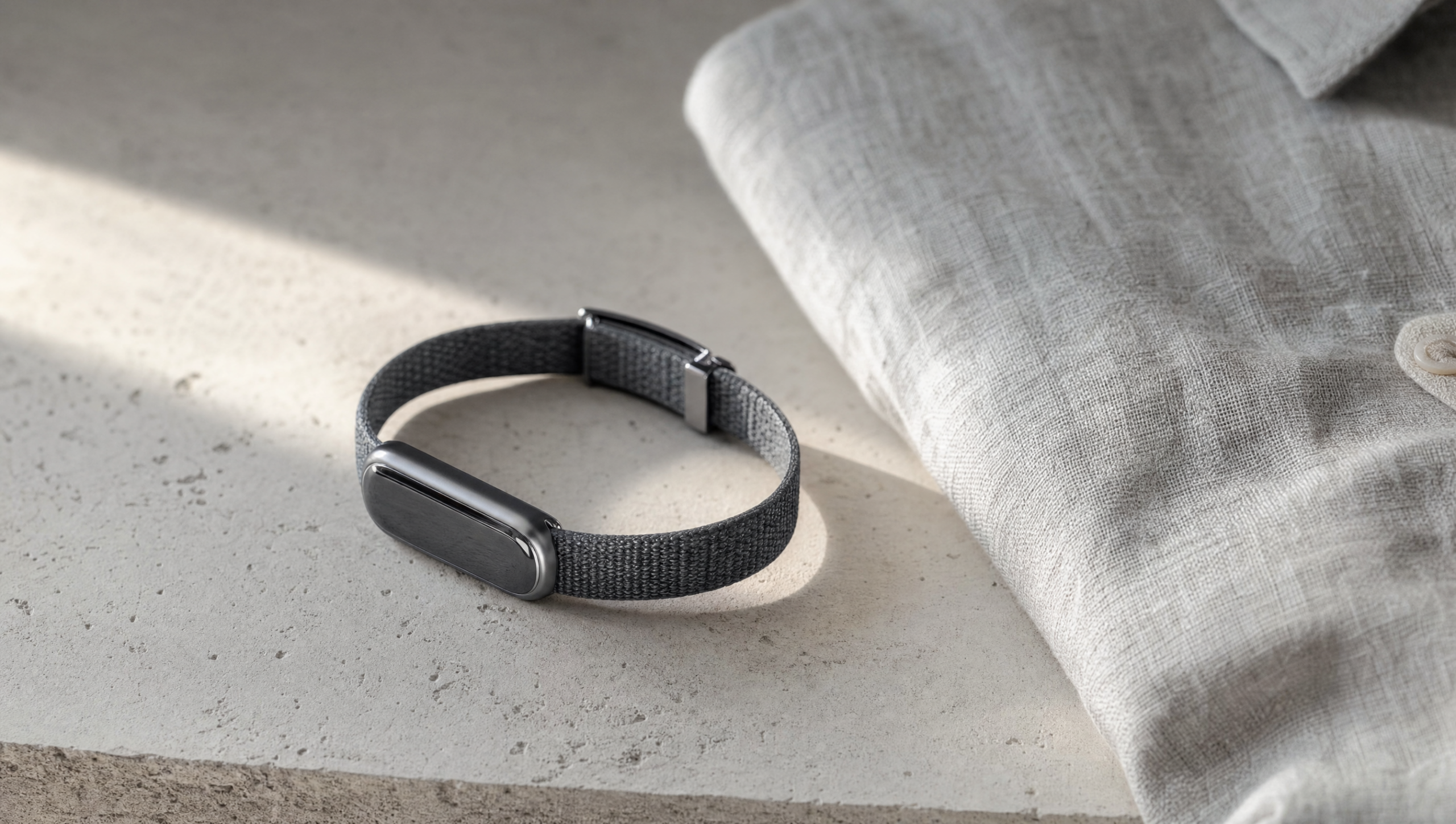 apple-wearable Bracelet santé sans écran posé sur une surface claire, à côté d'une montre connectée