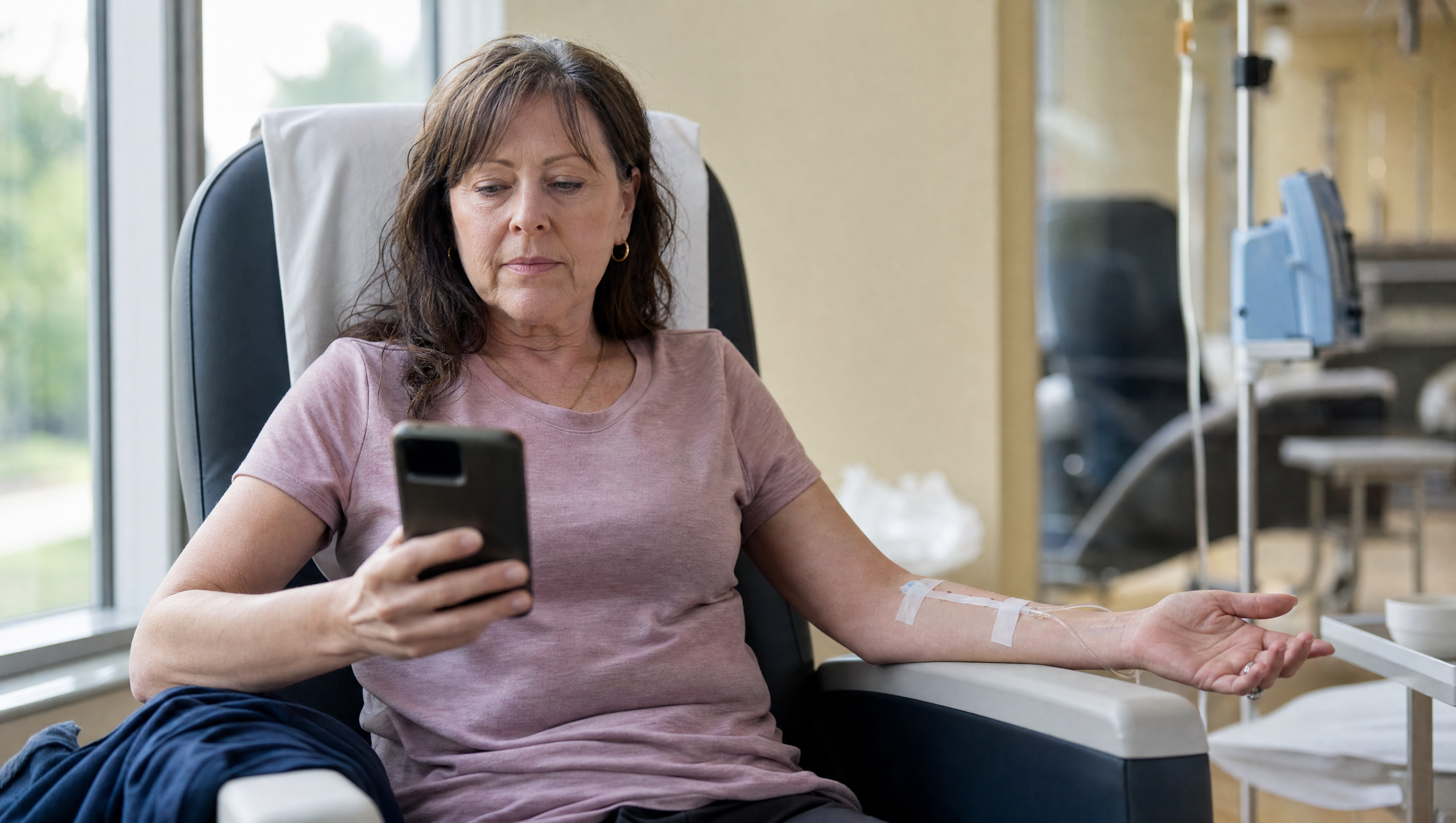 applications-oncologie Patiente utilisant une application mobile oncologie pendant une séance de chimiothérapie