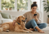 Assurance animale : quand l’assureur offre le collier Assurance animale : un chien équipé d'un traceur GPS auprès de sa propriétaire consultant une application