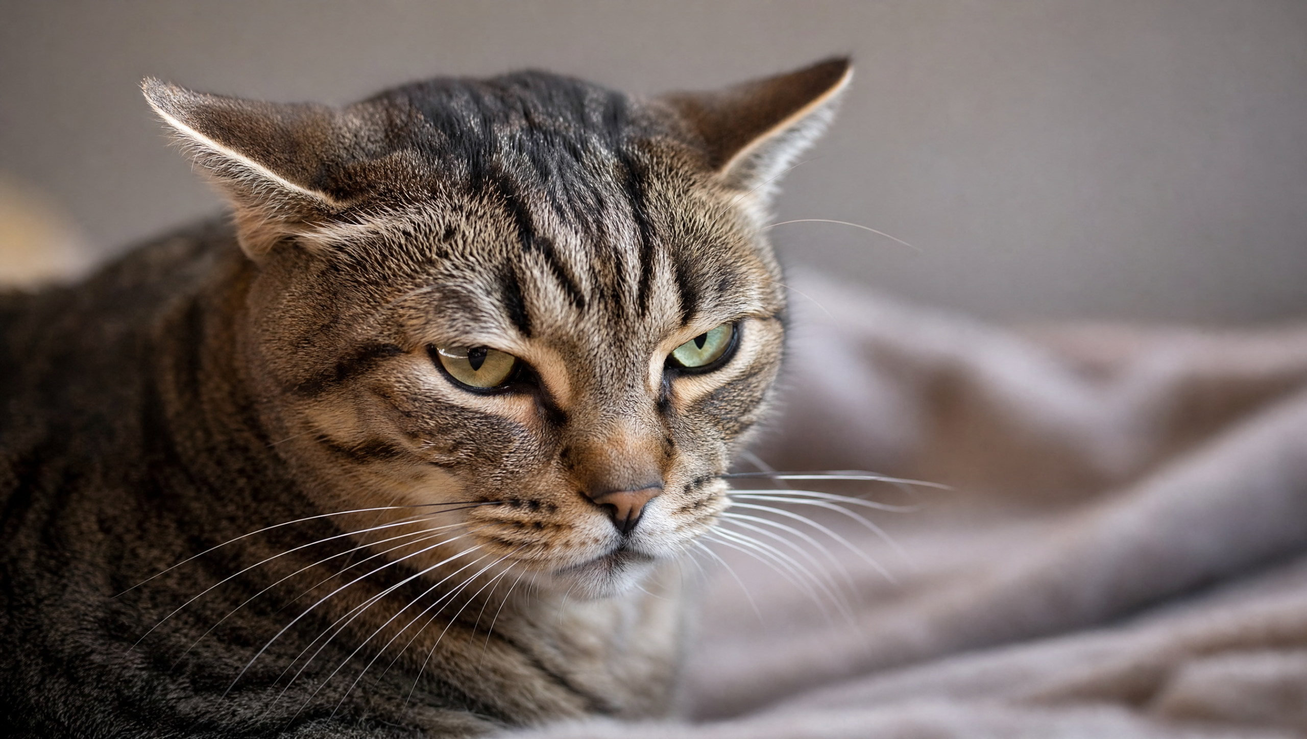 douleur-chat-IA Douleur du chat : gros plan du visage d'un chat aux oreilles écartées et aux paupières resserrées