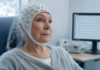 Biomarqueur EEG Alzheimer : ce que valent les ondes lentes Biomarqueur EEG Alzheimer : casque d'électroencéphalographie posé sur une personne âgée en consultation de recherche