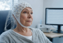 Biomarqueur EEG Alzheimer : ce que valent les ondes lentes Biomarqueur EEG Alzheimer : casque d'électroencéphalographie posé sur une personne âgée en consultation de recherche