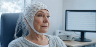Biomarqueur EEG Alzheimer : ce que valent les ondes lentes Biomarqueur EEG Alzheimer : casque d'électroencéphalographie posé sur une personne âgée en consultation de recherche