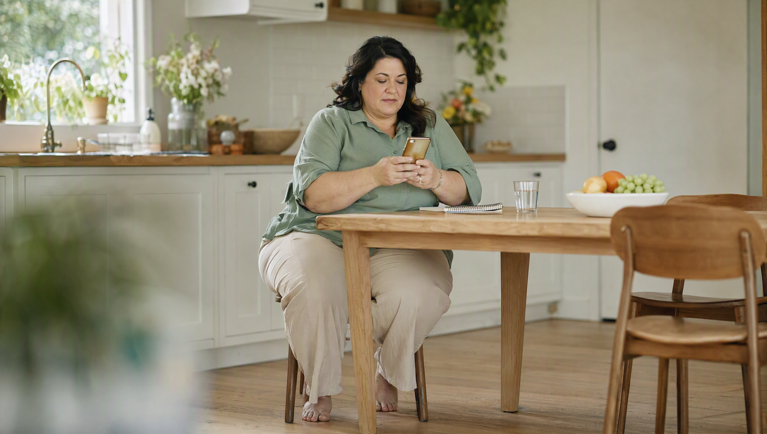 obesite-wellapy Thérapie numérique de l'obésité : une patiente consulte son programme de suivi sur son smartphone