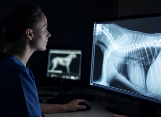 Investissement pettech : l’argent va vers la clinique Investissement pettech : radiographie vétérinaire analysée sur un écran de clinique